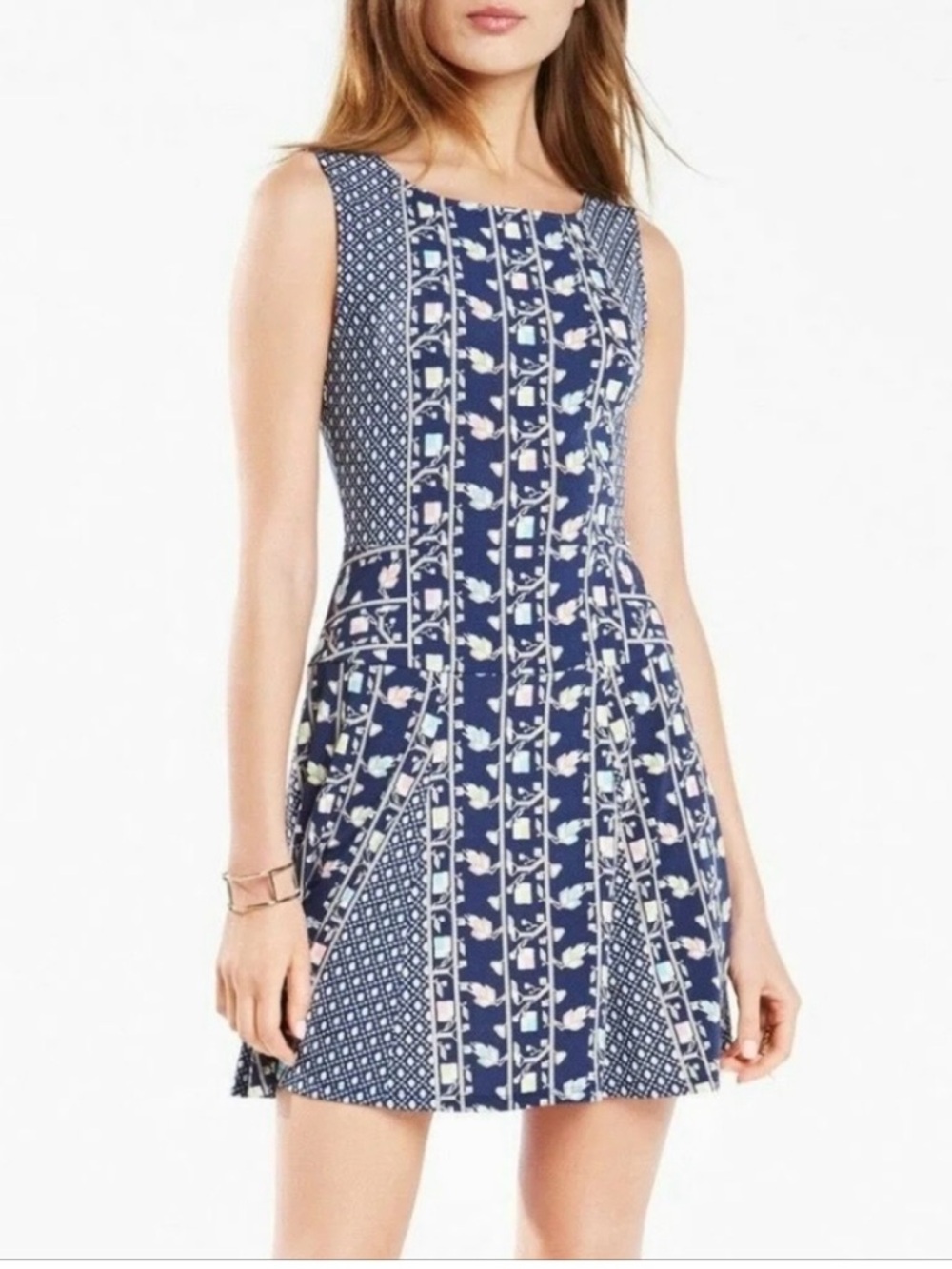 BCBGMaxAzria Navy and White Printed Fit-and-Flare Mini Dress